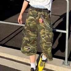 批发情侣<b class='q'>夏</b>季男女美式迷彩补丁短<b class='q'>裤</b>2026新款潮牌直筒七分中<b class='q'>裤</b>潮流百搭