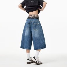 批发大码美式复古设计感小众牛仔七分裤<b class='q'>男</b>女夏季水洗宽松阔腿中裤潮