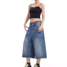 批发大码美式复古设计感小众牛仔七分裤<b class='q'>男</b>女夏季水洗宽松阔腿中裤潮