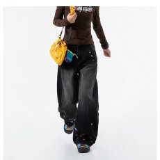 批发美式高街泼墨水洗<b class='q'>牛仔裤</b><b class='q'>男</b>复古设计感阔腿宽松直筒微喇叭裤子