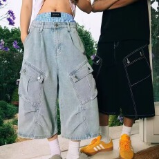 批发美式复古褶皱多口袋七分裤<b class='q'>男</b>女夏季宽松休闲阔腿工装裤牛仔短裤潮