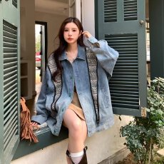 批发春季新款潮牌高街情侣民族风色织拼接设计牛仔夹克外<b class='q'>套男</b>女