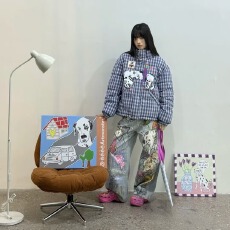 批发美式复古趣味猫狗手绘涂鸦牛仔裤女春秋新款高腰宽松直筒阔腿<b class='q'>裤子</b>