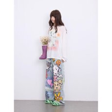 批发美式复古趣味猫狗手绘涂鸦牛仔裤女春秋新款高腰宽松直筒阔腿<b class='q'>裤子</b>