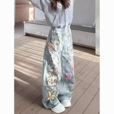 批发美式复古趣味猫狗手绘涂鸦牛仔裤女春秋新款高腰宽松直筒阔腿<b class='q'>裤子</b>