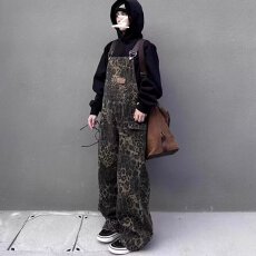 批发牛仔豹纹背带裤美式二罗复古高街长裤<b class='q'>男</b>女春秋宽松阔腿直筒裤子