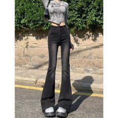 批发黑灰色高腰<b class='q'>微喇</b>叭<b class='q'>牛仔裤</b>女2026春季新款显瘦辣妹修身弹力马蹄裤子