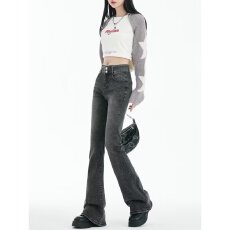 批发黑灰色<b class='q'>微喇</b>叭<b class='q'>牛仔裤</b>女春季秋冬2026新款高腰修身弹力紧身马蹄裤子