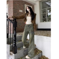 批发大码美式高街做旧<b class='q'>微喇</b><b class='q'>牛仔裤</b>女2026年直筒宽松显瘦高腰阔腿拖地裤