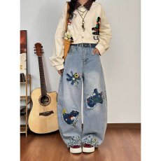 批发美式复古重工花卉刺绣<b class='q'>牛仔裤</b>男女同款春秋新款宽松休闲阔腿长裤潮