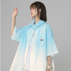 批发夏季新款扎染渐变潮牌短袖衬衫男女款高级感宽松痞帅潮流休闲衬衣