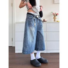 批发大码美式复古阔<b class='q'>腿</b>牛仔短<b class='q'>裤</b>女新款夏季胖mm宽松五分中<b class='q'>裤</b>七分<b class='q'>裤</b>