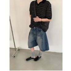 批发宽松阔腿牛仔<b class='q'>裤</b>美式复古五分中<b class='q'>裤</b>短<b class='q'>裤</b>女简约潮流百搭时尚