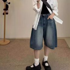 批发复古蓝高腰五分牛仔短裤女<b class='q'>夏</b>季薄款显瘦直筒阔腿5分中裤ins