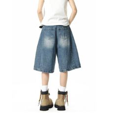 批发美式复古五分牛仔短<b class='q'>裤</b>女士夏季薄款美式高街宽松阔<b class='q'>腿</b>水洗帅气中<b class='q'>裤</b>