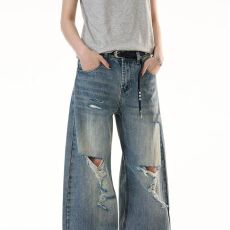 批发美式复古阔腿牛仔<b class='q'>裤</b>女春季破洞宽松直筒休闲高腰显瘦拖地长<b class='q'>裤</b>