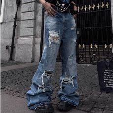 批发复古做旧破洞牛仔<b class='q'>裤</b>女早秋新款高腰直筒阔腿<b class='q'>裤</b><b class='q'>宽松</b>拖地休闲长<b class='q'>裤</b>潮