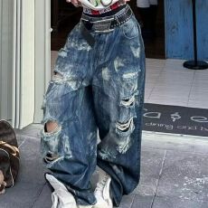 批发潮牌破洞水洗休闲牛仔<b class='q'>裤</b>女夏新款洋气高腰宽松显瘦百搭直筒阔腿<b class='q'>裤</b>