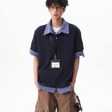 批发美式假两件格纹POLO短袖女男2026夏季复古学院风宽松休闲百搭T恤