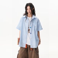 批发简约美式复古格子衬衫男女夏季潮牌休闲趣味纽扣宽松情侣短袖