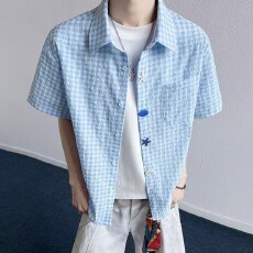 批发美式复古格子衬衫男女夏季潮牌休闲趣味纽扣宽松情侣cleanfit短袖