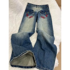 批发美式复古刺绣<b class='q'>钉珠</b>水洗做旧<b class='q'>牛仔裤</b>女春秋宽松显瘦阔腿直筒拖地长裤