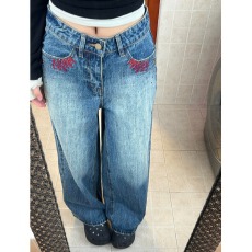 批发美式复古刺绣<b class='q'>钉珠</b>水洗做旧<b class='q'>牛仔裤</b>女春秋宽松显瘦阔腿直筒拖地长裤