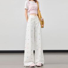 批发多巴胺<b class='q'>胖</b>mm<b class='q'>高腰</b>春夏季白色刺绣阔腿牛仔裤女宽松显瘦拖地直筒裤