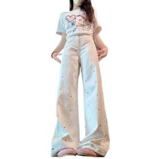 批发多巴胺<b class='q'>胖</b>mm<b class='q'>高腰</b>春夏季白色刺绣阔腿牛仔裤女宽松显瘦拖地直筒裤