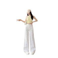 批发多巴胺<b class='q'>胖</b>mm<b class='q'>高腰</b>春夏季白色刺绣阔腿牛仔裤女宽松显瘦拖地直筒裤