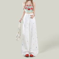 批发多巴胺<b class='q'>胖</b>mm<b class='q'>高腰</b>春夏季白色刺绣阔腿牛仔裤女宽松显瘦拖地直筒裤