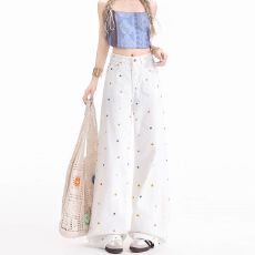 批发多巴胺<b class='q'>胖</b>mm<b class='q'>高腰</b>春夏季白色刺绣阔腿牛仔裤女宽松显瘦拖地直筒裤