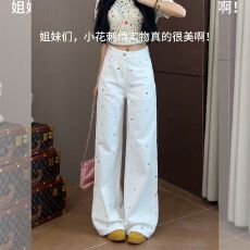 批发多巴胺<b class='q'>胖</b>mm<b class='q'>高腰</b>春夏季白色刺绣阔腿牛仔裤女宽松显瘦拖地直筒裤
