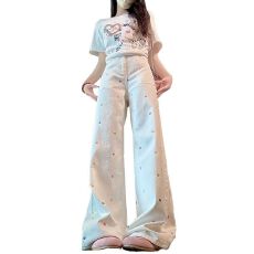 批发多巴胺<b class='q'>胖</b>mm<b class='q'>高腰</b>春夏季白色刺绣阔腿牛仔裤女宽松显瘦拖地直筒裤