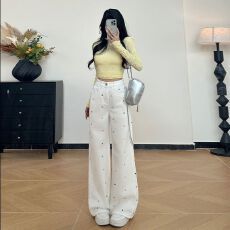 批发多巴胺<b class='q'>胖</b>mm<b class='q'>高腰</b>春夏季白色刺绣阔腿牛仔裤女宽松显瘦拖地直筒裤