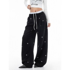 批发美式高街十字印花卫裤男女<b class='q'>春</b>季宽松直筒阔腿裤子高级感显瘦微喇裤