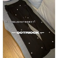 批发美式复古十字满印休闲裤女秋冬季百搭直筒简约阔腿宽松运动卫裤子