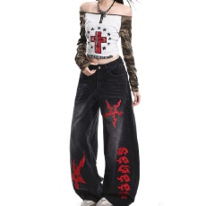 批发街头美式刺绣水洗弯刀牛仔裤男女宽松阔腿跳舞小众设计长裤