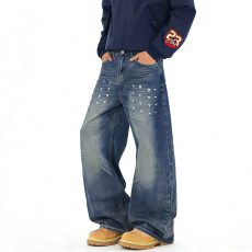 批发美式国潮设计感拼接牛仔裤男女春夏复古小众重工柳丁做旧直筒裤子