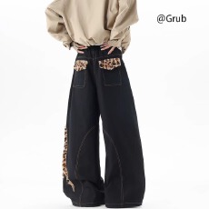 批发松紧腰带字母新风格豹纹牛仔裤男女春夏弯刀长裤hiphop阔腿裤子