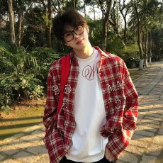 批发格子潮人邦美式复古珍珠字母格纹<b class='q'>衬衫</b>长袖春夏休闲男女外套<b class='q'>衬衣</b>