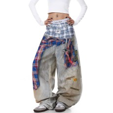 批发美式3D打印假两件格纹做旧弯刀牛仔裤男女春夏设计感阔腿裤长裤