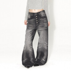 批发美式很忙复古可拉链五联扣牛仔裤男女春夏水洗猫须宽松直筒裤子潮