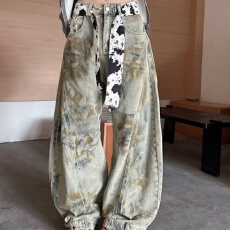 批发美式vibe水洗豹纹毛绒拼接<b class='q'>牛仔裤</b>女街头<b class='q'>直筒</b>宽松显瘦阔腿拖地长裤