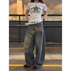 批发美式复古豹纹字母印花弯刀牛仔<b class='q'>裤</b>男女同款阔<b class='q'>腿</b>显瘦长<b class='q'>裤</b>夏街头ins