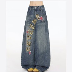 批发刺绣牛仔<b class='q'>裤</b>2026高街牛仔春秋高腰显瘦窄版直筒阔腿<b class='q'>裤</b><b class='q'>休闲裤</b>女男