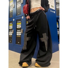 批发烫钻柳 华棉复合牛奶丝十字架铆钉直筒卫裤<b class='q'>男</b>女潮牌宽松阔腿裤