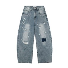 批发美式复古高街破洞补丁水洗弯刀牛仔裤男女春夏做旧设计感阔腿<b class='q'>长裤</b>