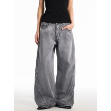 批发美式复古解构做旧弯刀牛仔裤男女春夏宽松直筒阔腿vintage<b class='q'>长裤</b>子