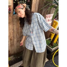 批发原版纯棉彩色扣<b class='q'>格子</b>简衣衬衫春夏格纹短袖港风宽松休闲衬衣女